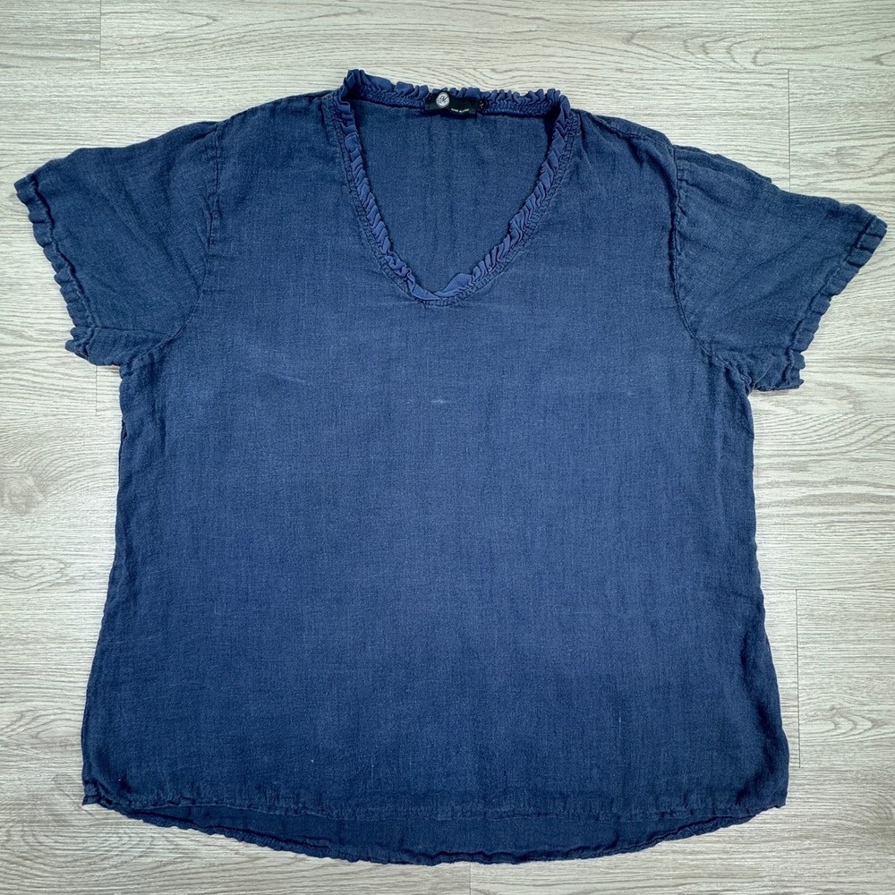 M Made in Italy Women's Top Linen Ruffle V-Neck Short Sleeve Blue Large Boho